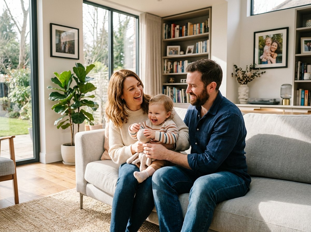 Young family with toddler discussing term life insurance protection